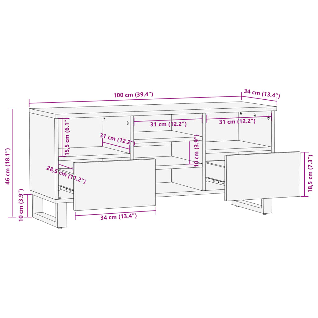 Meuble TV marron 100x34x46 cm bois massif manguier