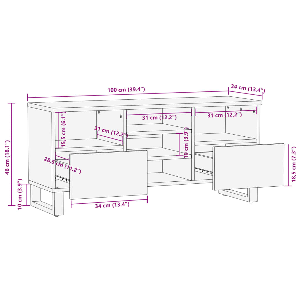 Meuble TV 100x34x46 cm bois d'acacia massif