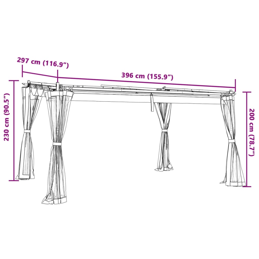 Tonnelle avec parois en filet taupe 4x3 m acier