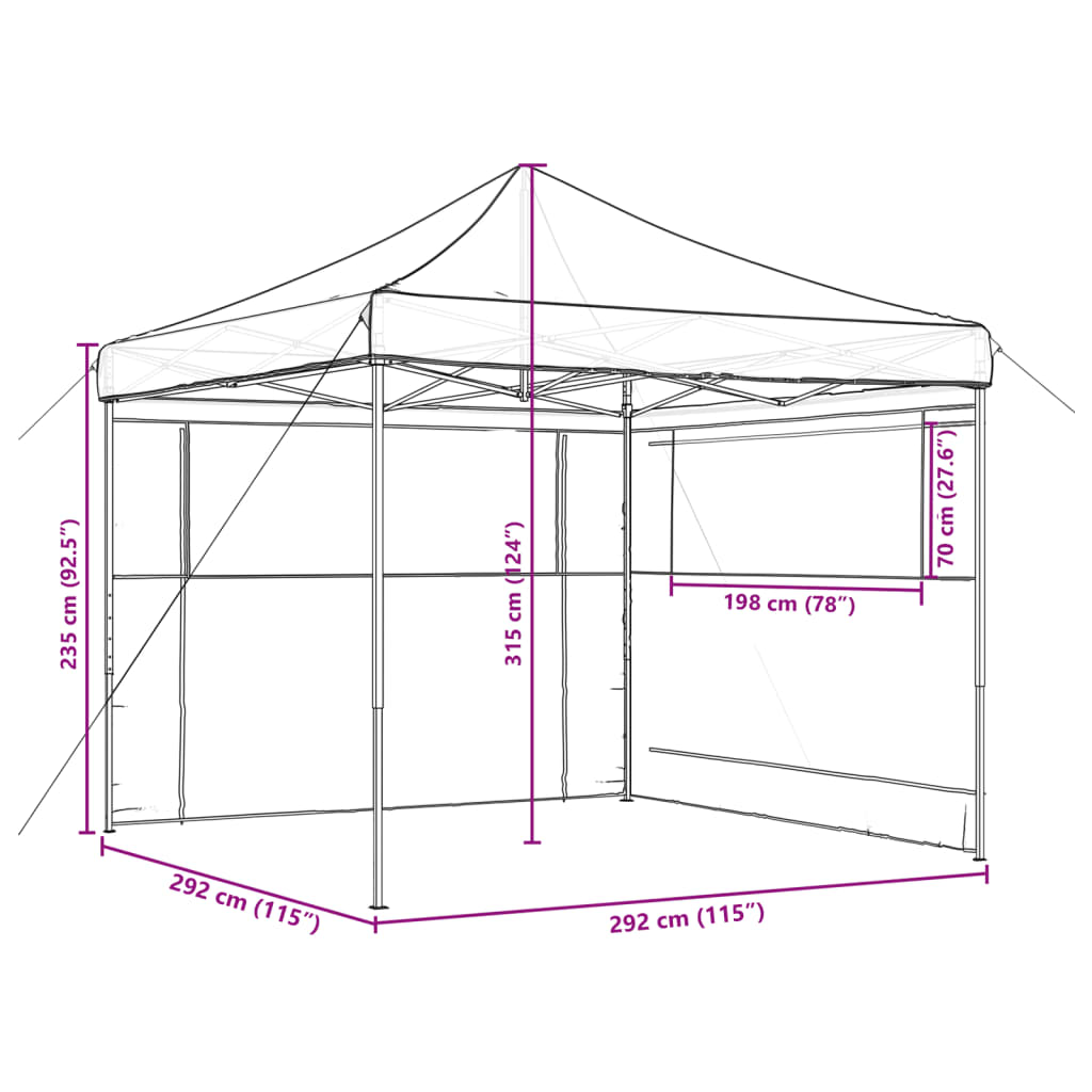 Pop-up folding reception tent with 2 side walls