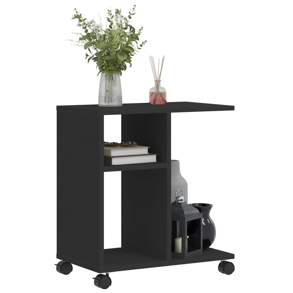 Side table with wheels black 50x30x55 cm engineered wood