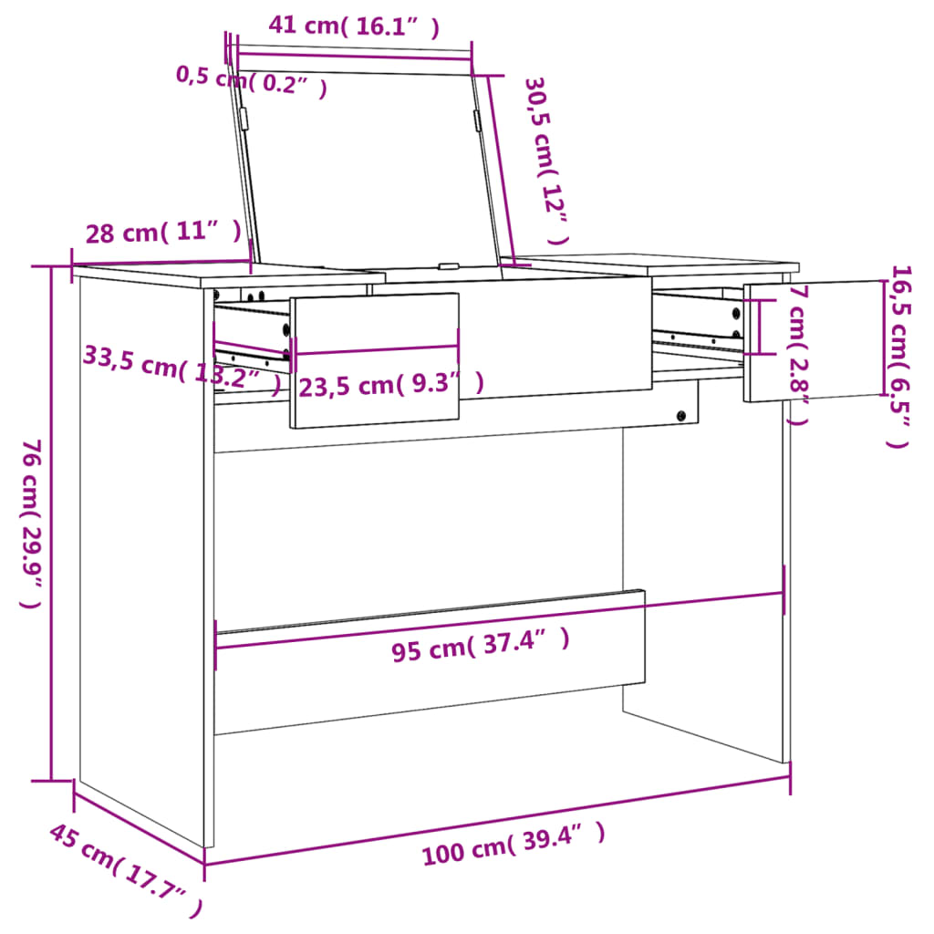 Dressing table with concrete grey mirror 100x45x76 cm