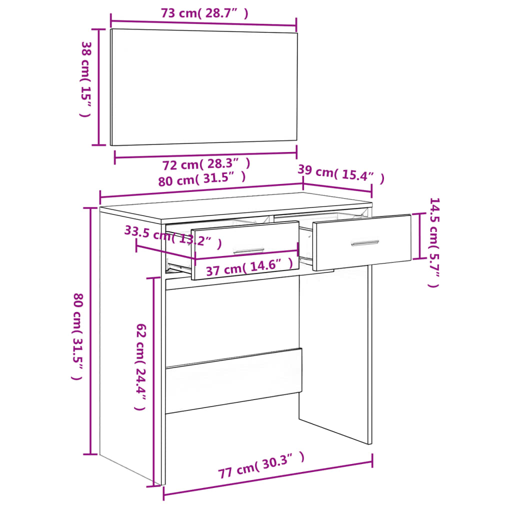 Dressing table with black mirror 80x39x80 cm