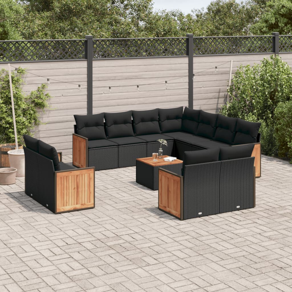 Salon de jardin 12 pcs avec coussins noir résine tressée