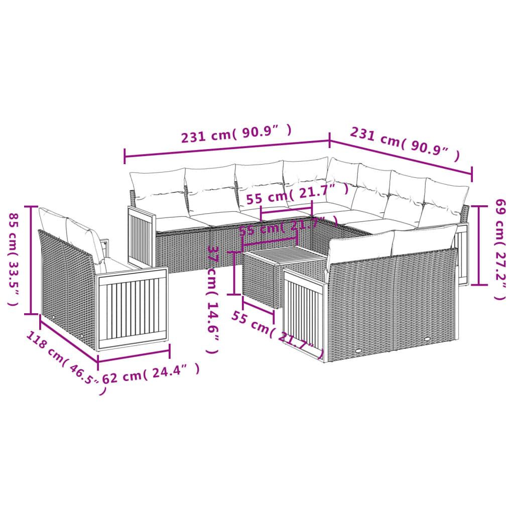 Salon de jardin avec coussins 12 pcs gris résine tressée