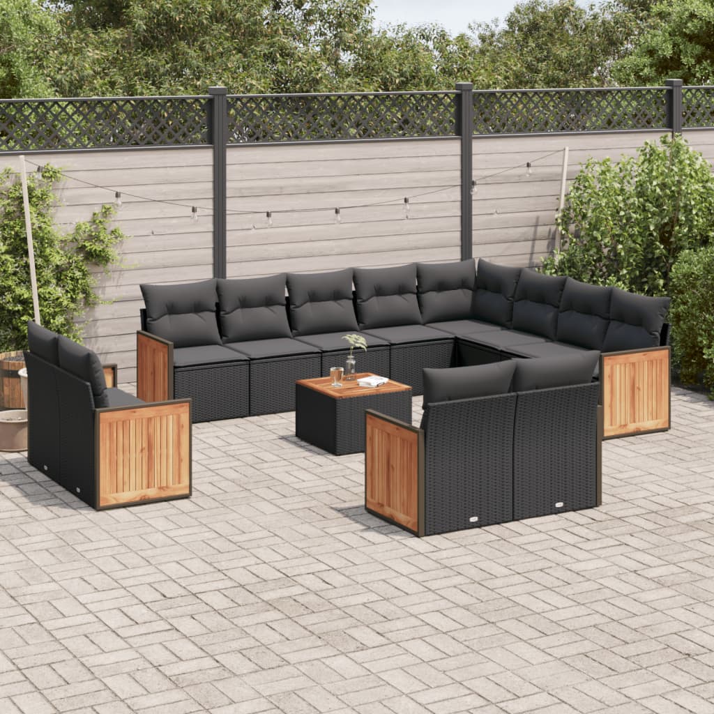 Salon de jardin avec coussins 13 pcs noir résine tressée