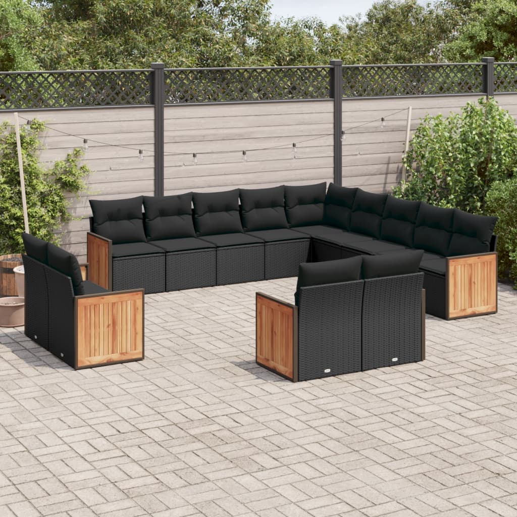 Salon de jardin avec coussins 13 pcs noir résine tressée