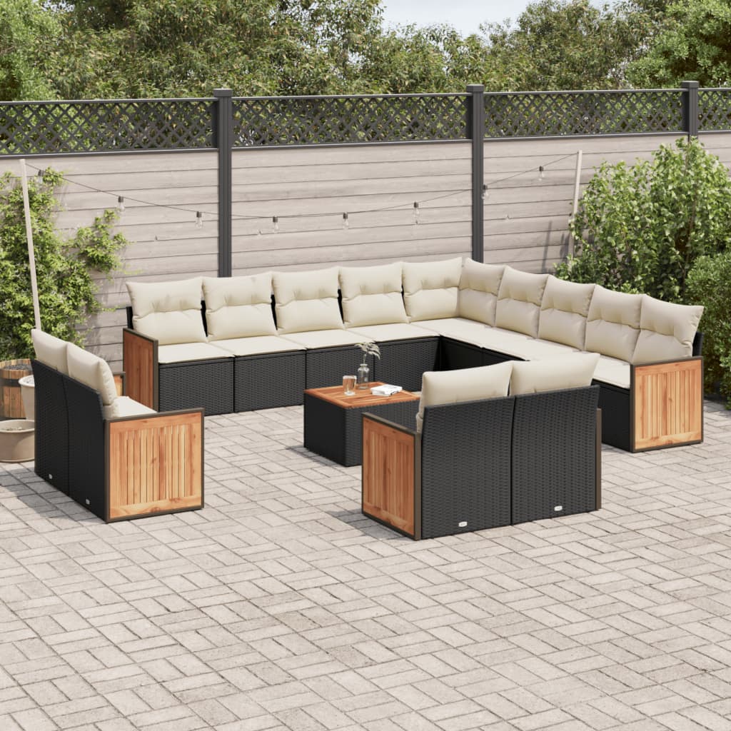 Salon de jardin avec coussins 14 pcs noir résine tressée