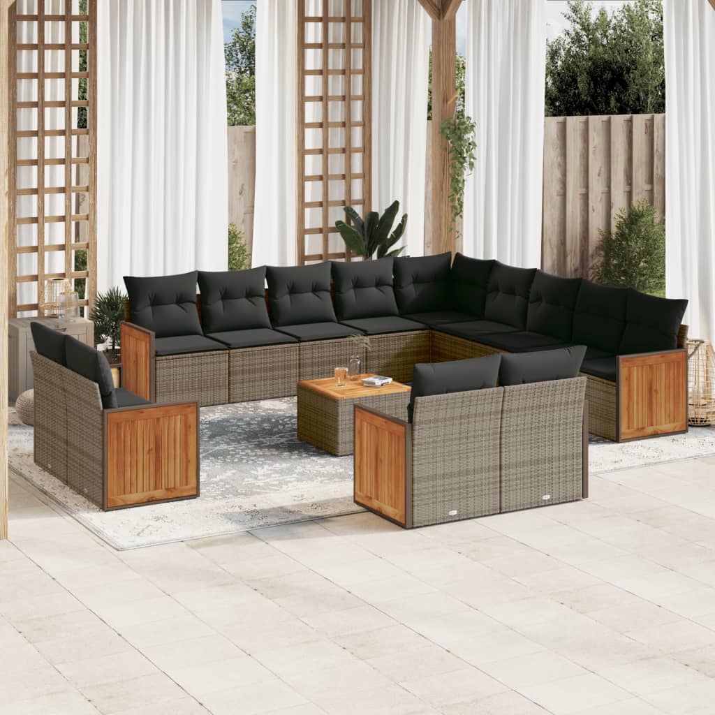 Salon de jardin avec coussins 14 pcs gris résine tressée