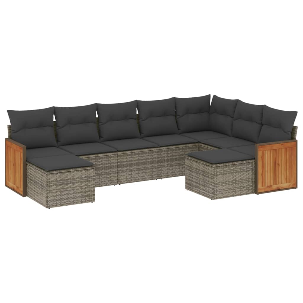 9-piece garden furniture set with grey cushions in woven resin