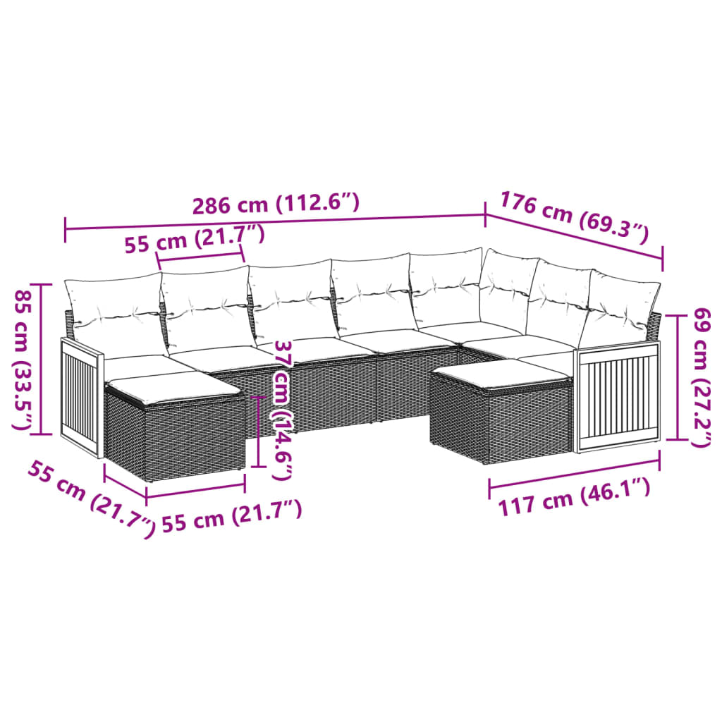 9-piece garden furniture set with grey cushions in woven resin