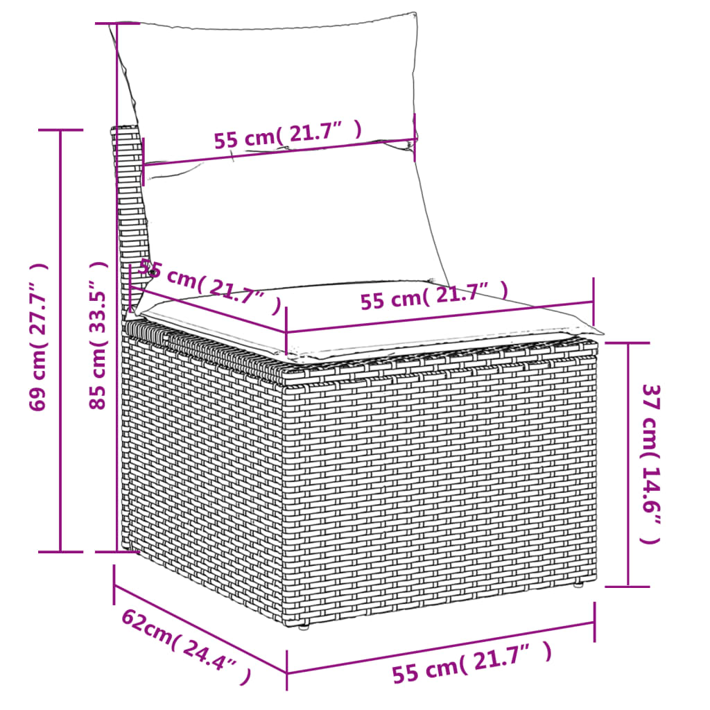 9-piece garden furniture set with grey cushions in woven resin