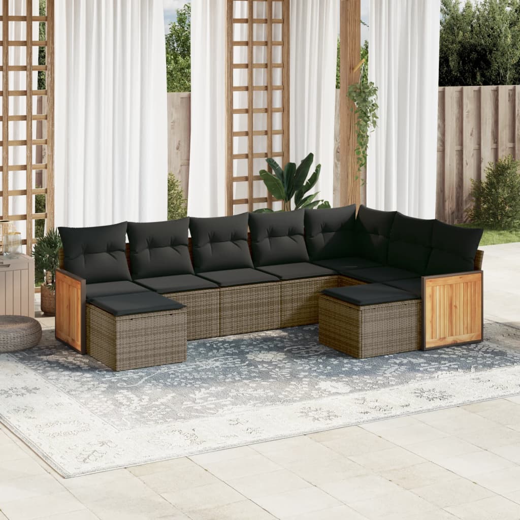 9-piece garden furniture set with grey cushions in woven resin