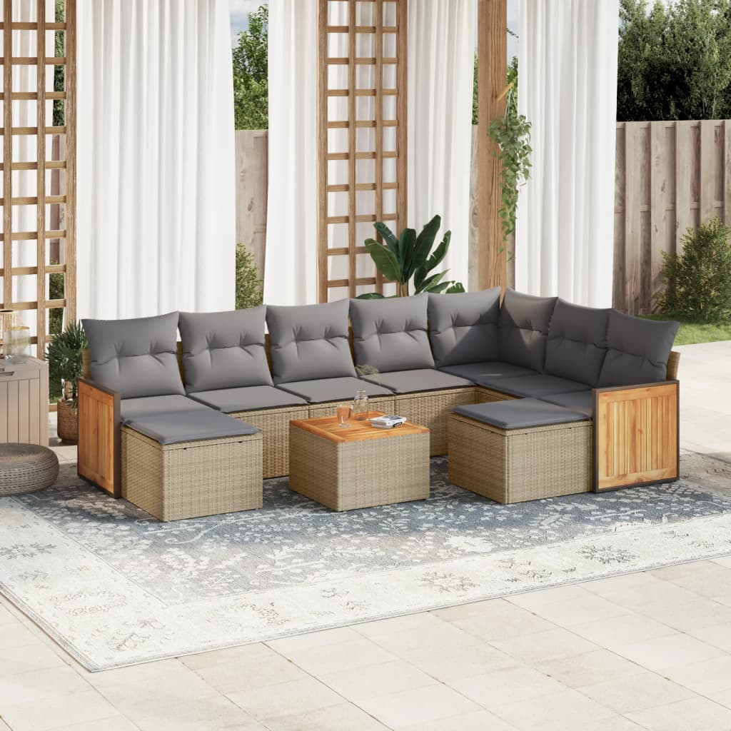 Salon de jardin avec coussins 10 pcs beige résine tressée