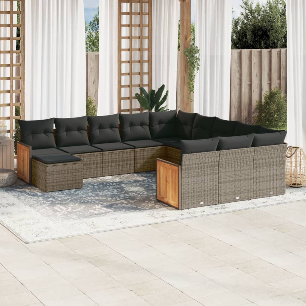 Salon de jardin avec coussins 12 pcs gris résine tressée