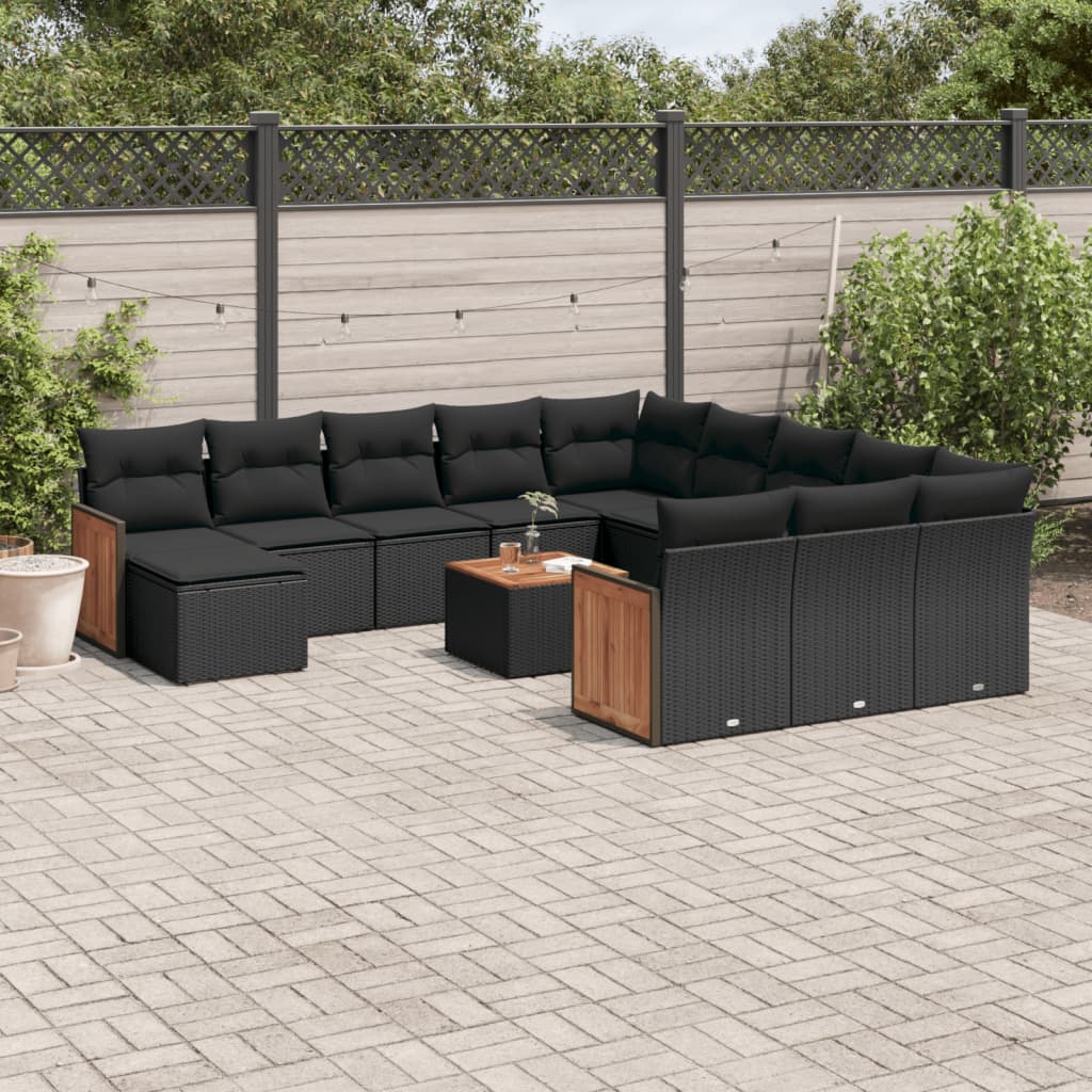 Salon de jardin avec coussins 13 pcs noir résine tressée