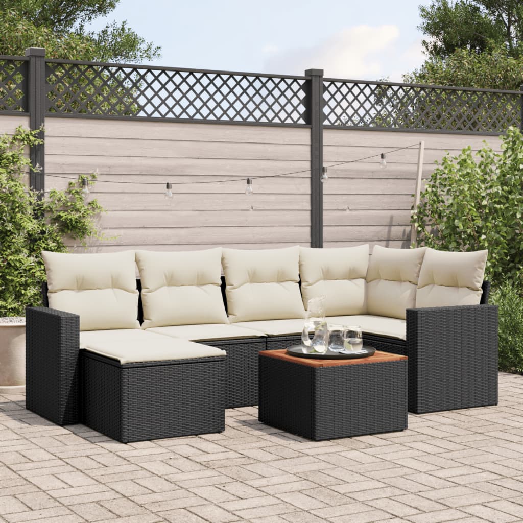 Salon de jardin 7 pcs avec coussins noir résine tressée