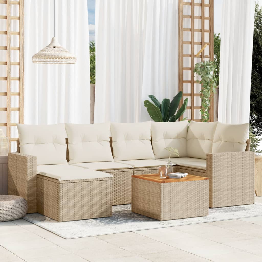 Garden furniture set with cushions 7 pcs beige woven resin