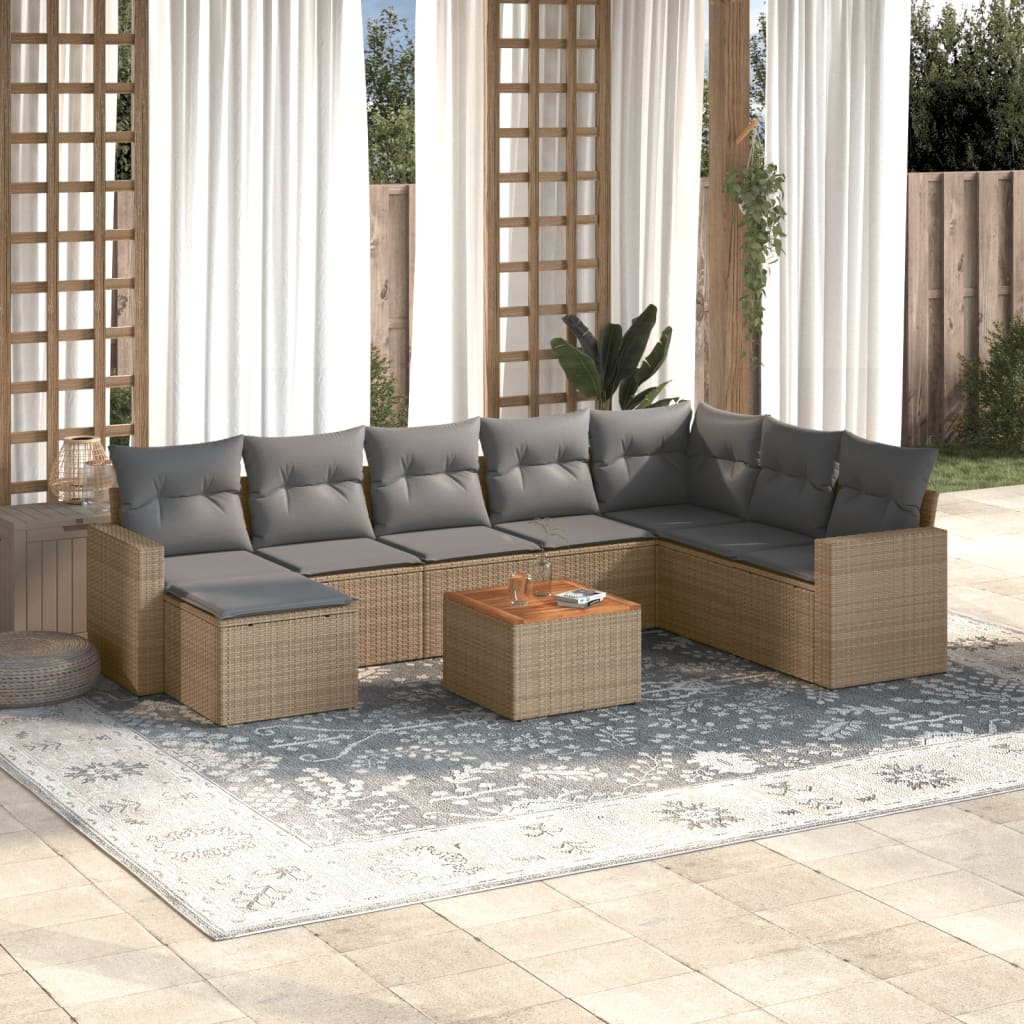 Salon de jardin avec coussins 9 pcs beige résine tressée