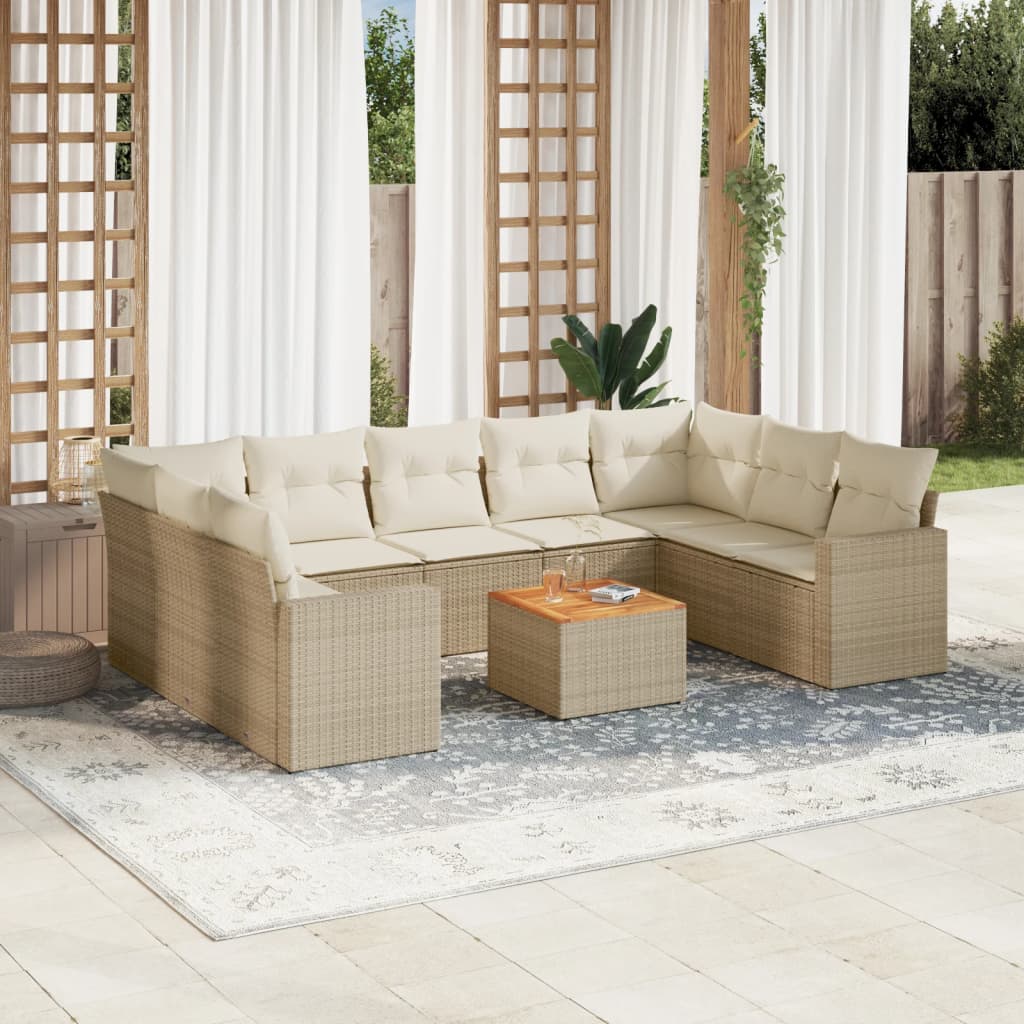 Garden furniture set with cushions 10 pcs beige woven resin