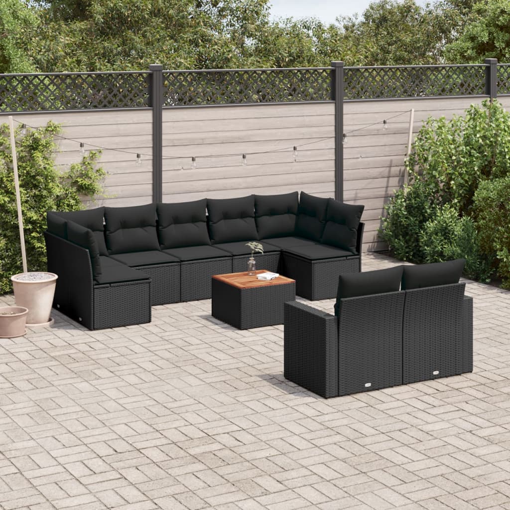 Salon de jardin 10 pcs avec coussins noir résine tressée