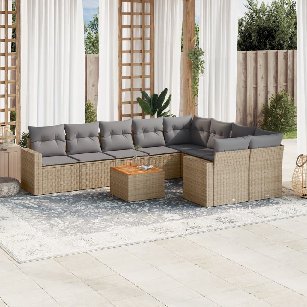 Salon de jardin avec coussins 10 pcs beige résine tressée