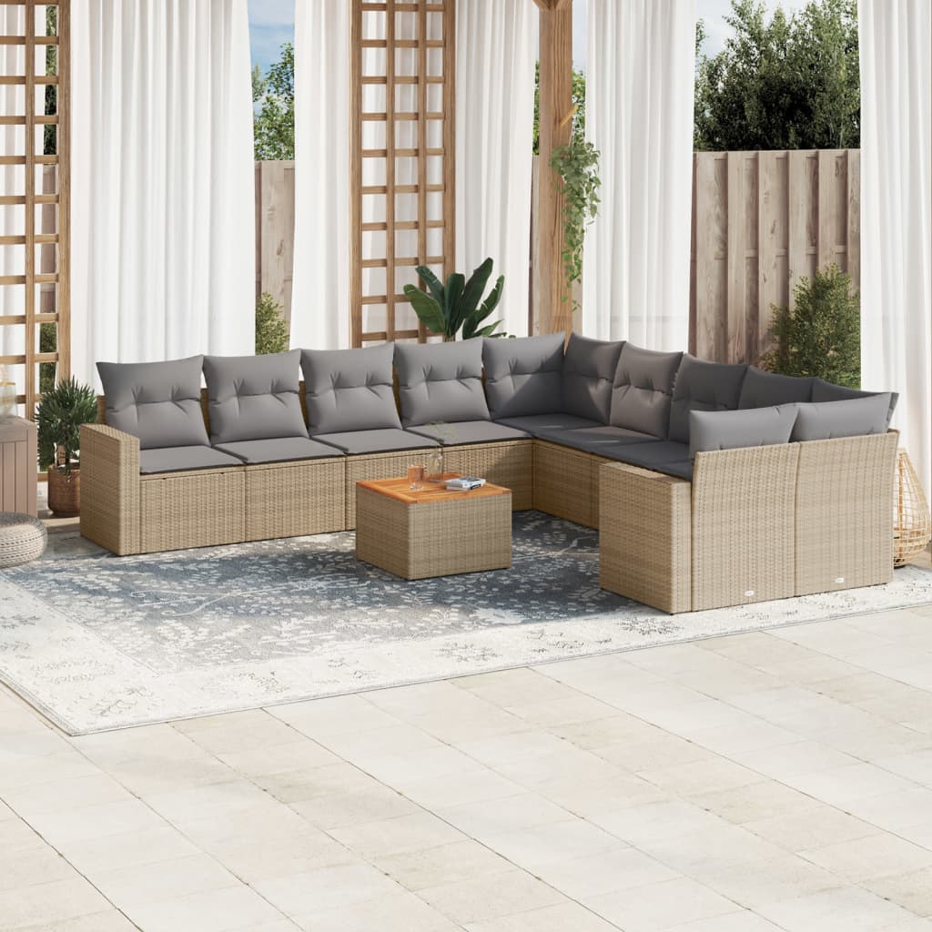 Salon de jardin 11 pcs avec coussins beige résine tressée