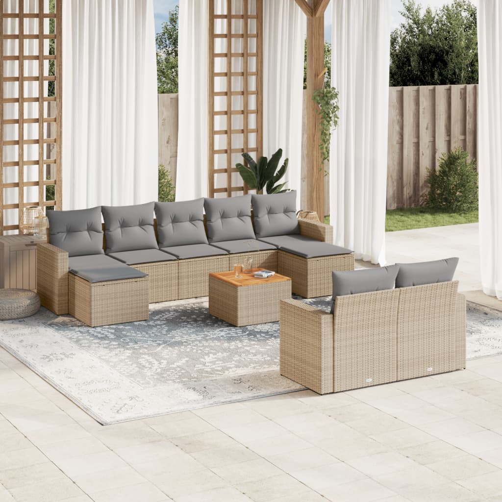 Salon de jardin avec coussins 10 pcs beige résine tressée