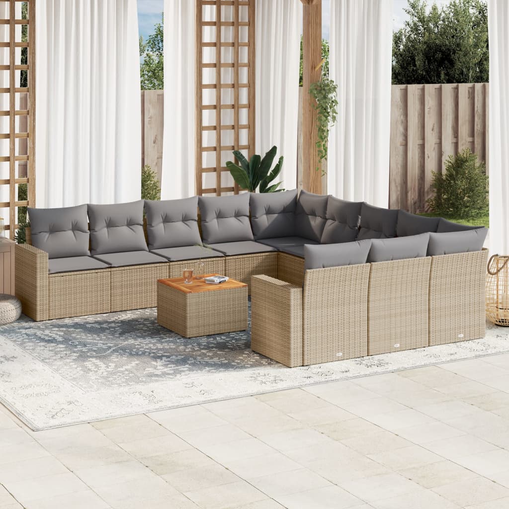 Salon de jardin avec coussins 12 pcs beige résine tressée