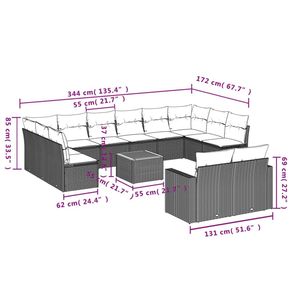 Salon de jardin avec coussins 13 pcs noir résine tressée