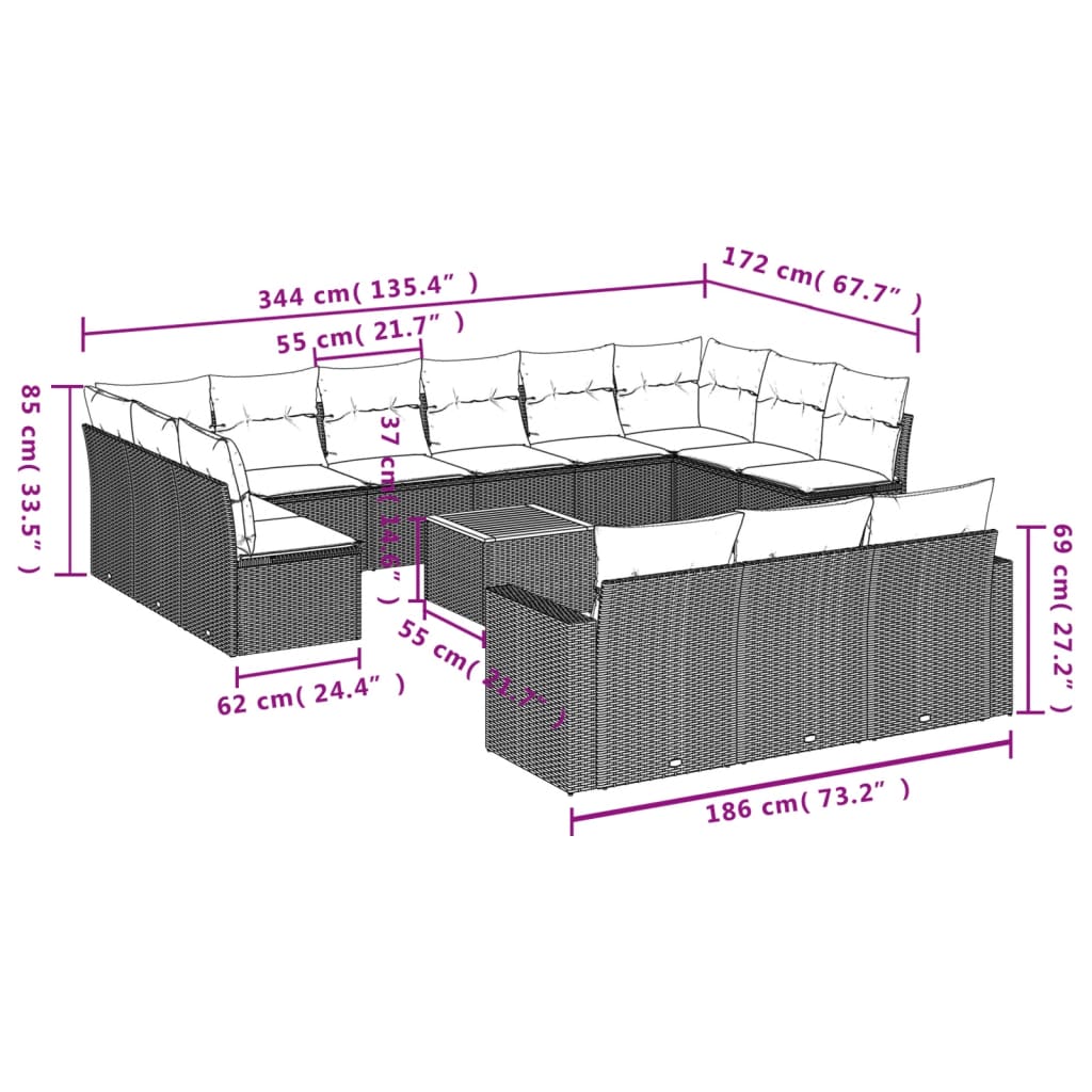 Salon de jardin avec coussins 14 pcs noir résine tressée