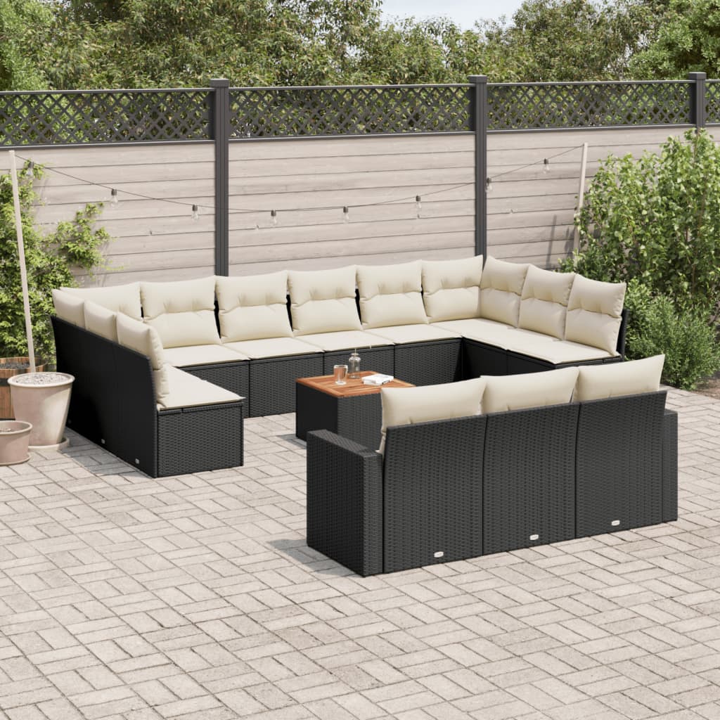 Salon de jardin avec coussins 14 pcs noir résine tressée