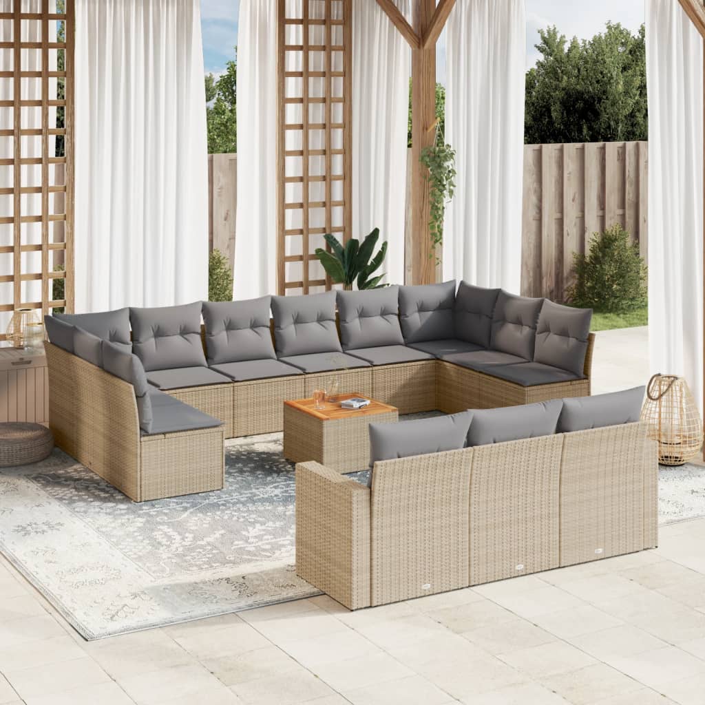 Salon de jardin avec coussins 14 pcs beige résine tressée