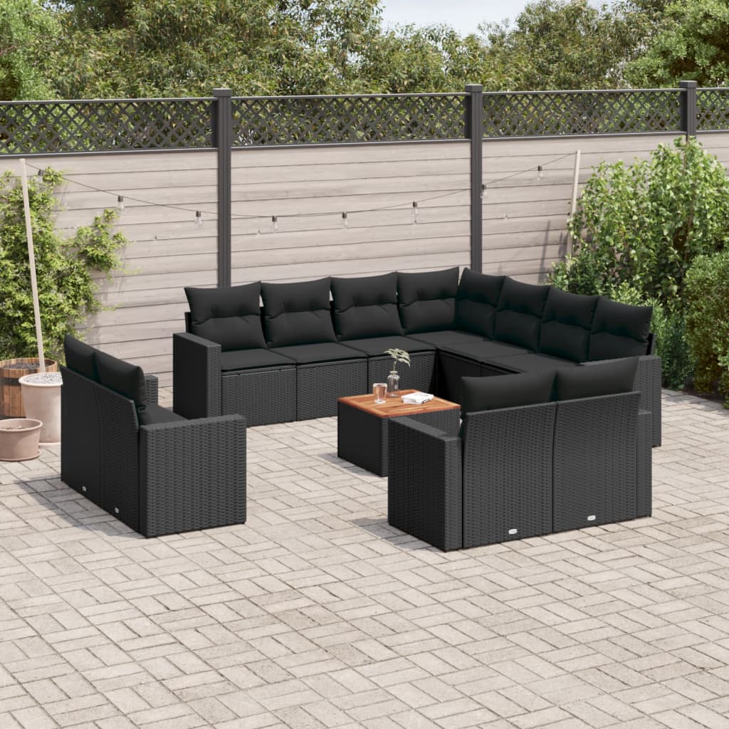 Salon de jardin 12 pcs avec coussins noir résine tressée