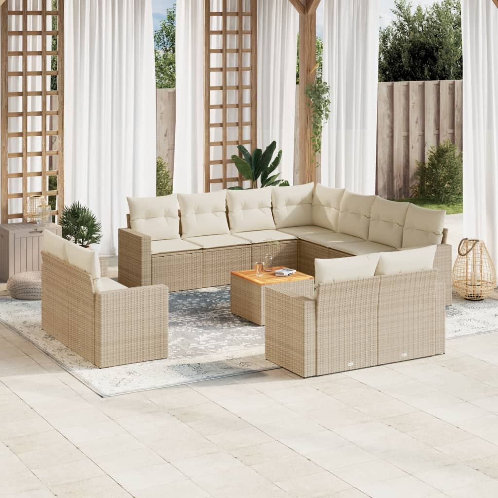 Salon de jardin avec coussins 12 pcs beige résine tressée