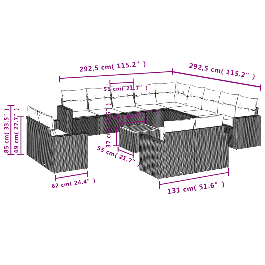 Salon de jardin avec coussins 14 pcs gris résine tressée