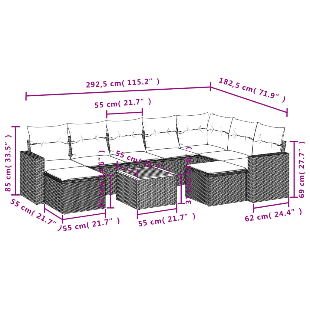 Salon de jardin avec coussins 10 pcs gris résine tressée