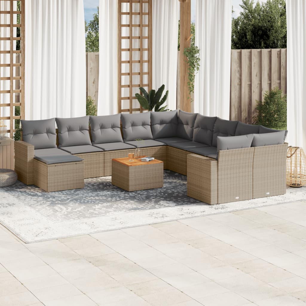 Salon de jardin avec coussins 12 pcs beige résine tressée