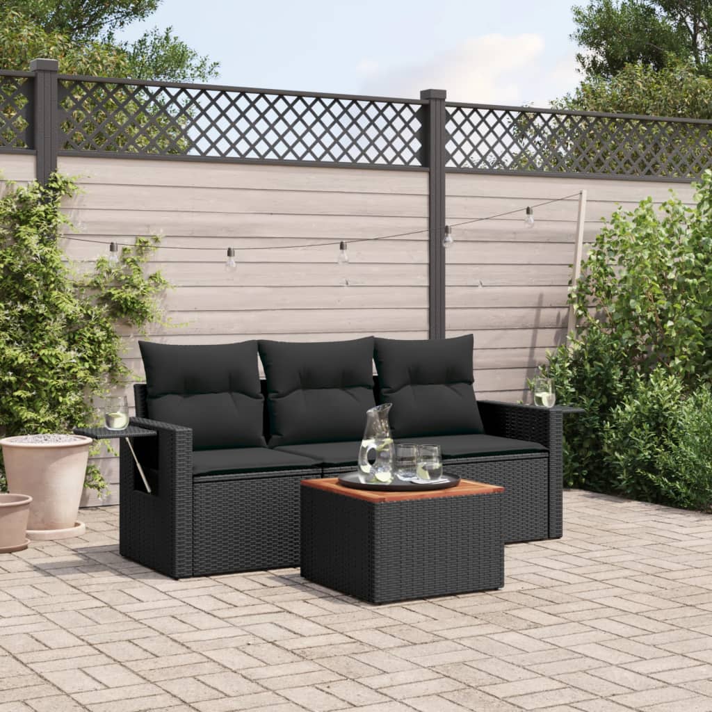 Salon de jardin 4 pcs avec coussins noir résine tressée