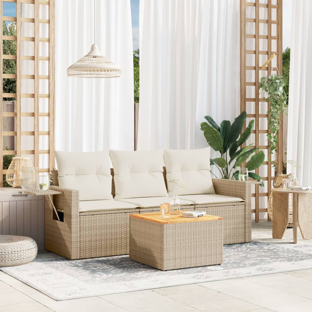 Salon de jardin avec coussins 4 pcs beige résine tressée