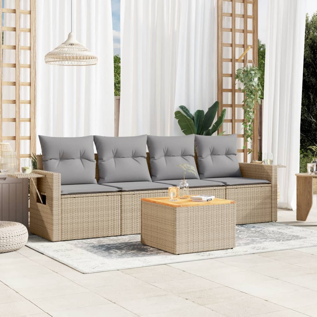 Salon de jardin avec coussins 5 pcs beige résine tressée