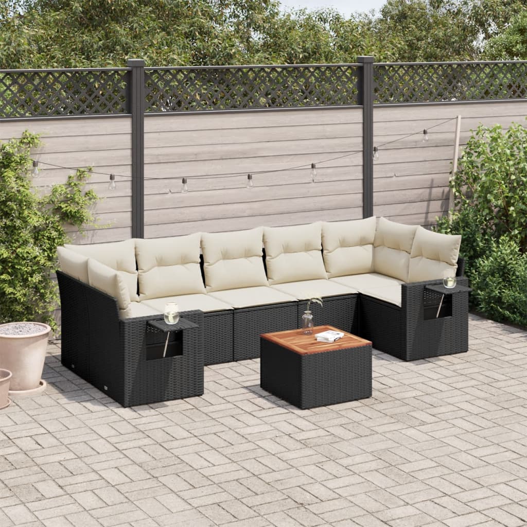 Salon de jardin 8 pcs avec coussins noir résine tressée