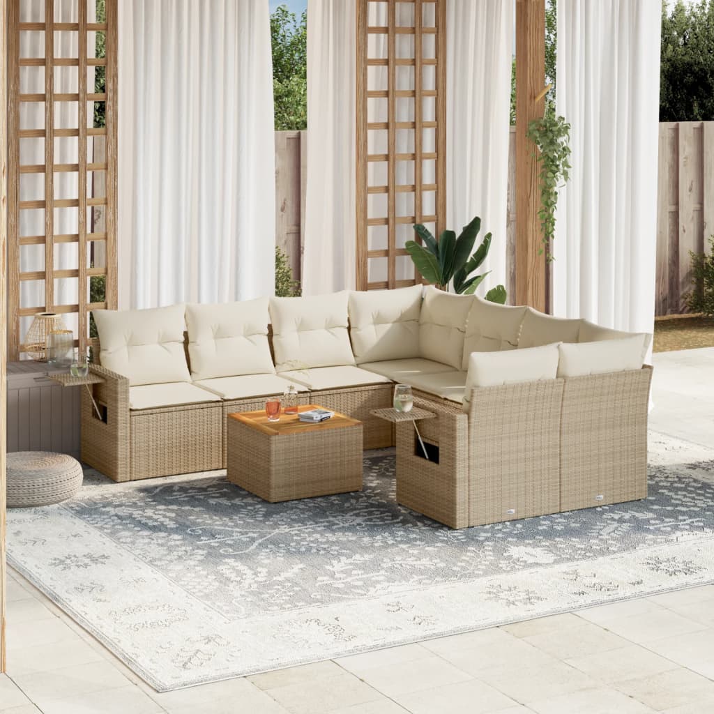 Salon de jardin avec coussins 9 pcs beige résine tressée