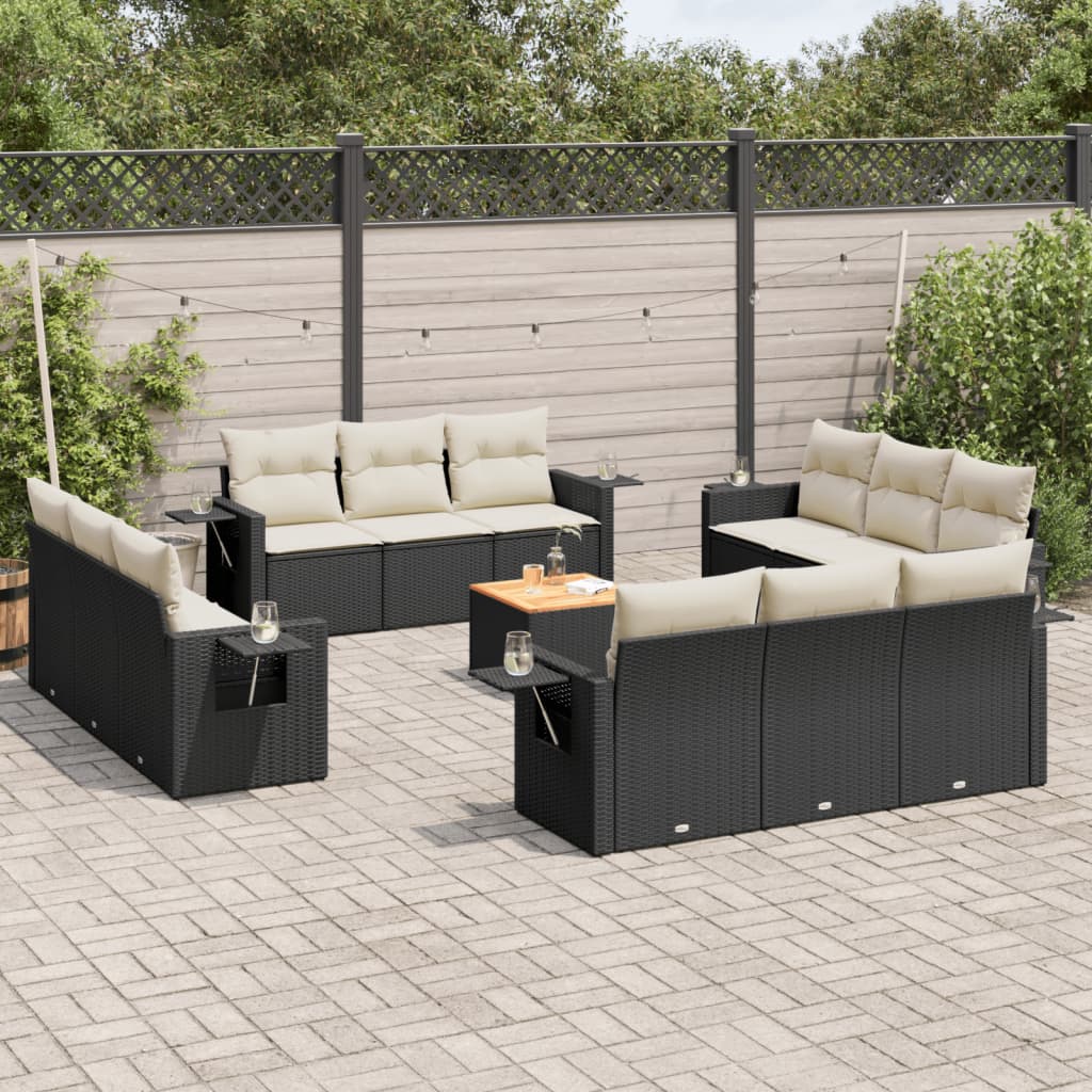 Salon de jardin avec coussins 13 pcs noir résine tressée