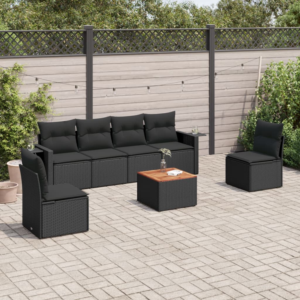 Salon de jardin 7 pcs avec coussins noir résine tressée