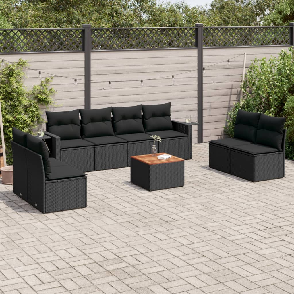 Salon de jardin 9 pcs avec coussins noir résine tressée