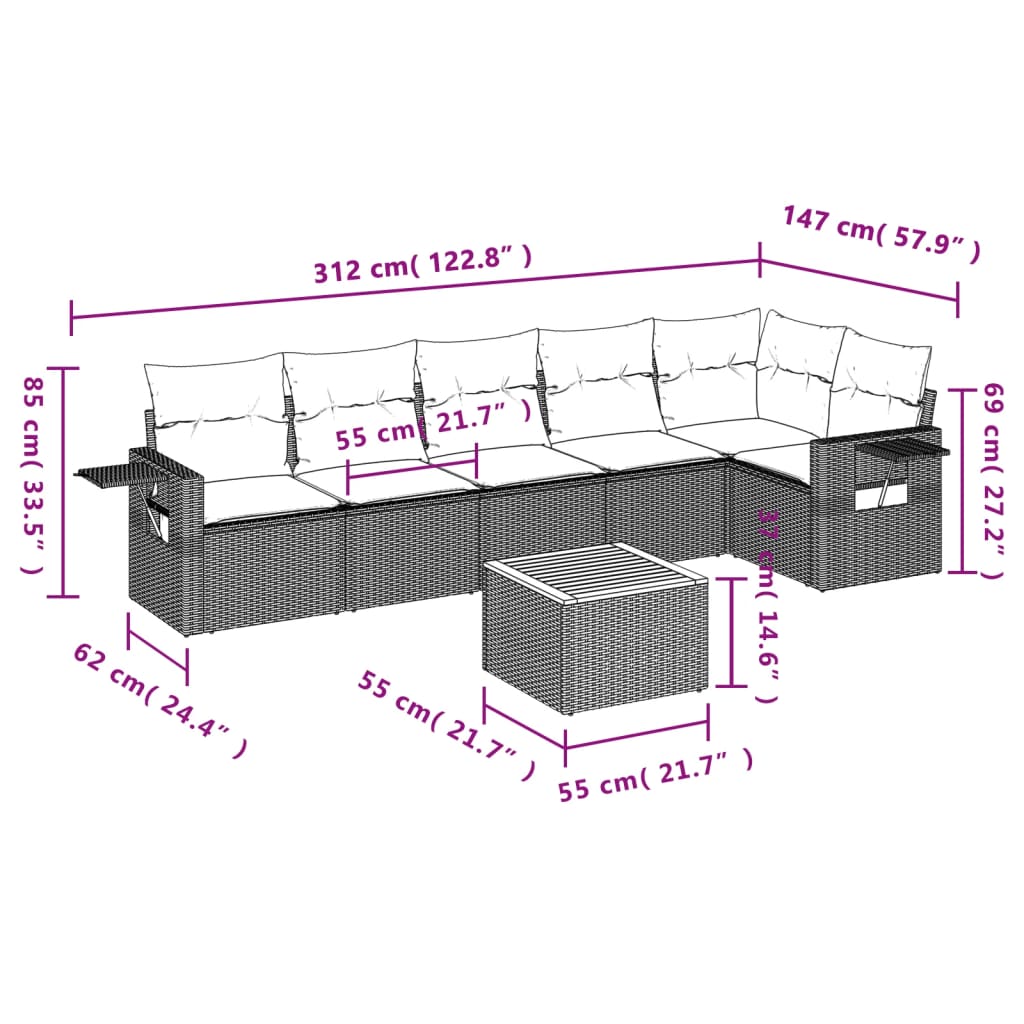 Salon de jardin avec coussins 7 pcs gris résine tressée