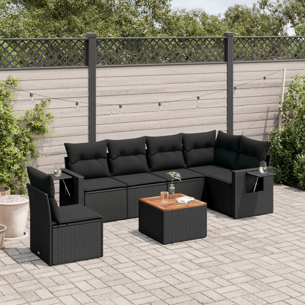 Salon de jardin 7 pcs avec coussins noir résine tressée