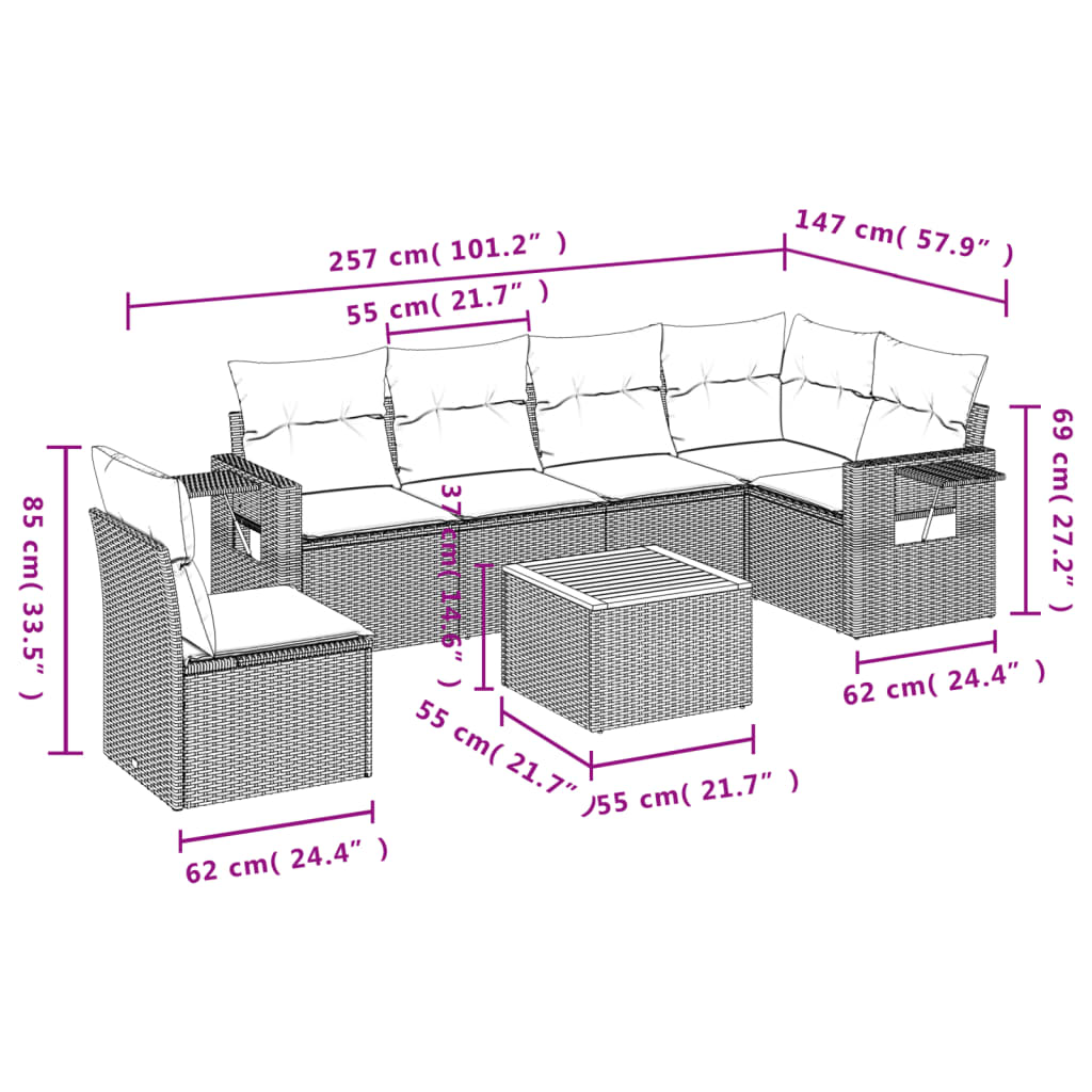 Salon de jardin avec coussins 7 pcs beige résine tressée