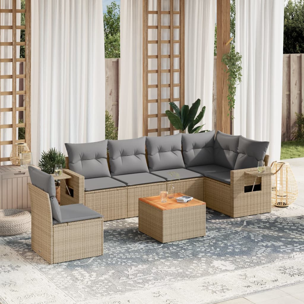 Salon de jardin avec coussins 7 pcs beige résine tressée